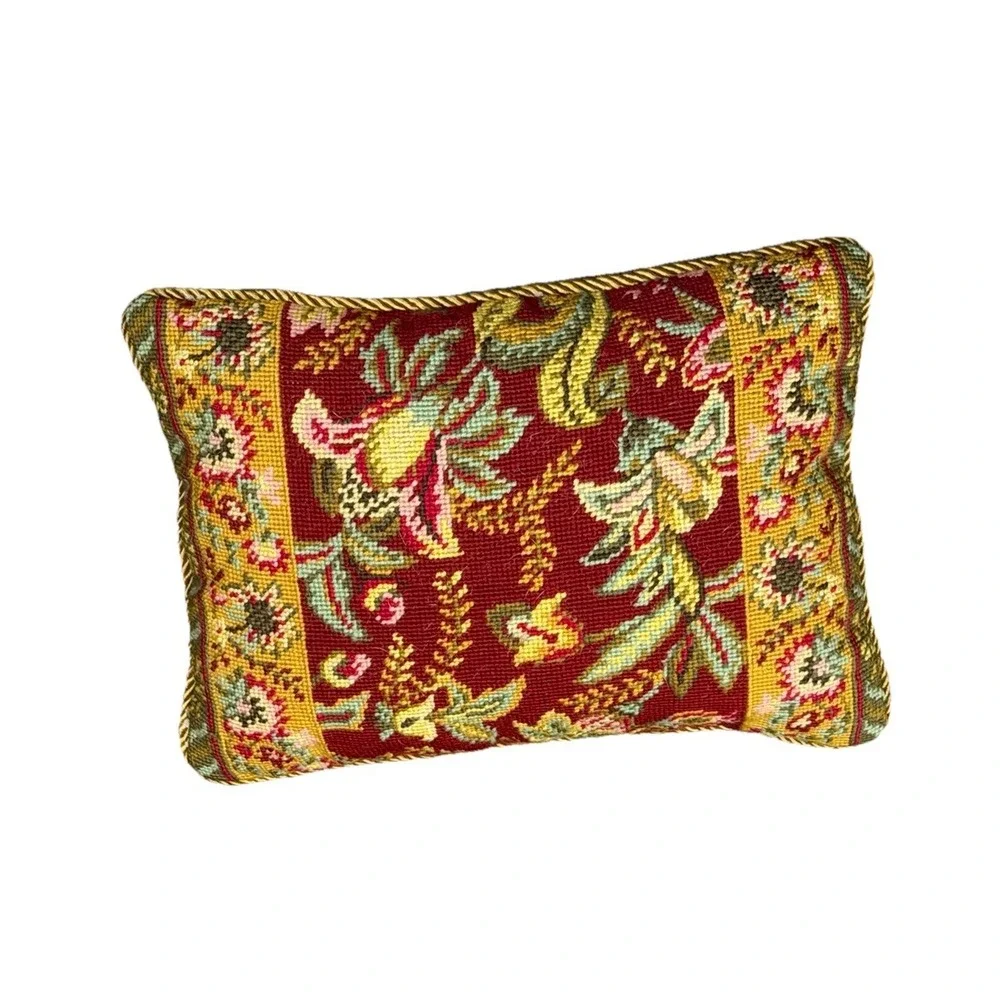 Vintage Needlepoint Floral Tapestry Pillow 11x14 Red Gold Rope Trim Velvet Back